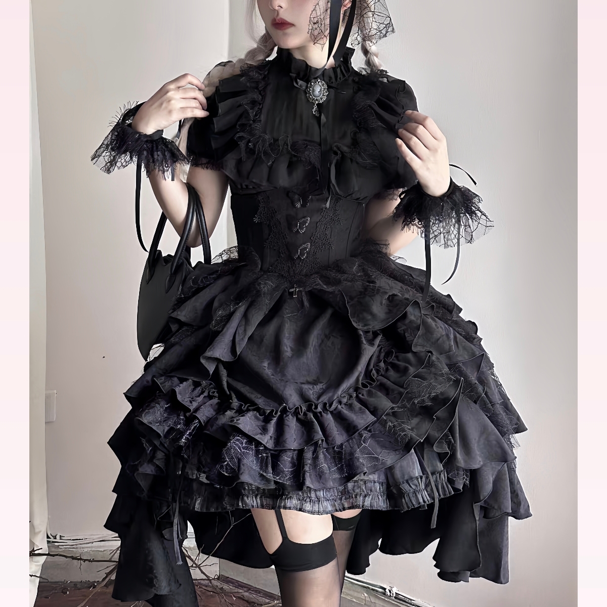 黑白色哥特风lolita衬衫提拉裙子