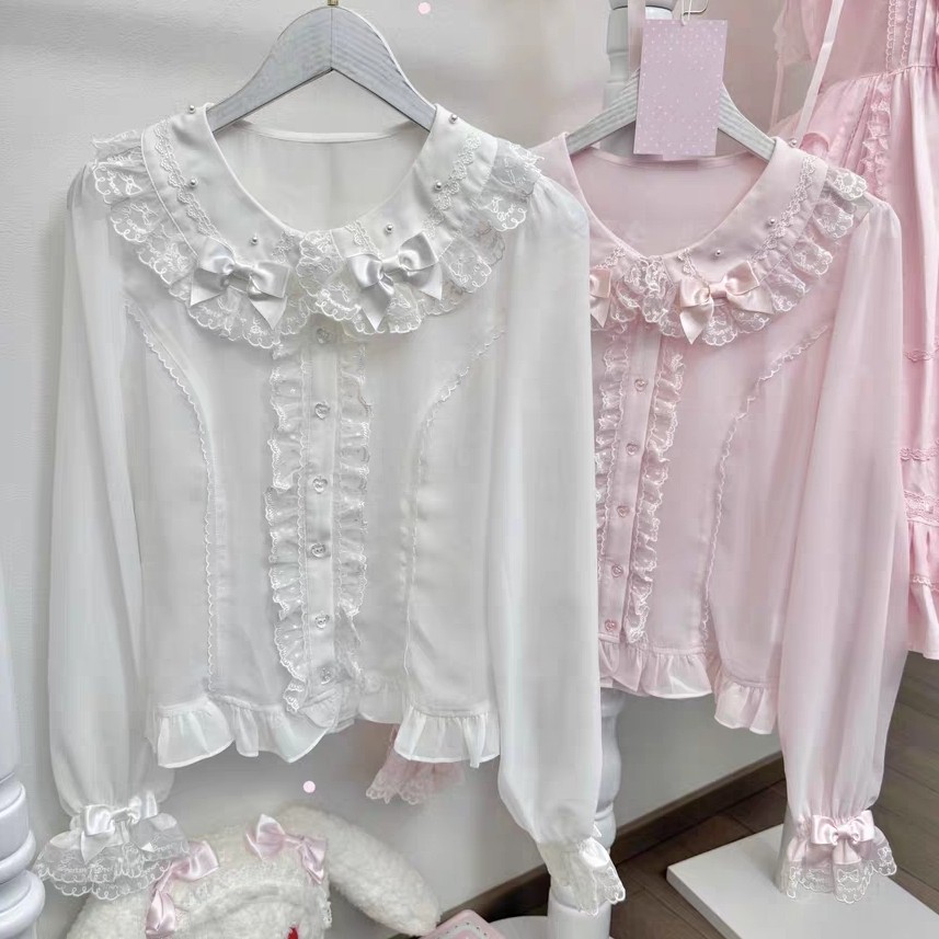 lolita百搭衬衫长袖短袖可爱内搭洛丽塔冰透珍珠娃娃领上衣打底衫