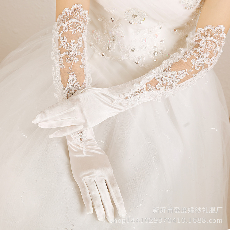 新娘缎面蕾丝钉珠碎花结婚手套有指冬季手套婚礼婚纱礼服配件 89