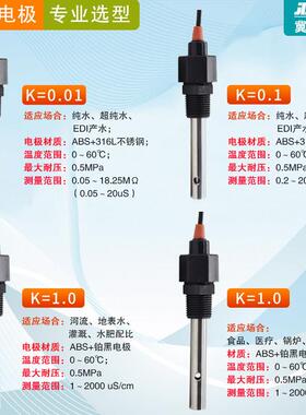 EC/TDS电导率电极感测器铂黑线上变送器0.1/1.0 /10.0 PH计冀申