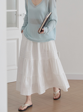 白色半身裙女春秋法式温柔小个子伞裙高腰压褶拼接A字长裙蛋糕裙