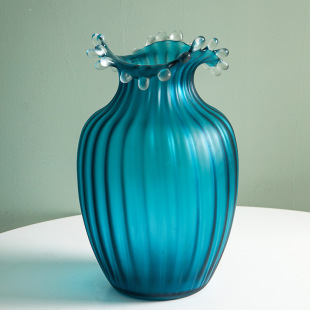 水花口蓝色金片玻璃花瓶花器桌面摆件家居摆件 时尚 新古典新中式