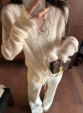 LIL CHER 羊毛拉毛朦胧感奶油色系针绣蕾丝开衫针织衫毛衣春秋季