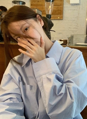 LIL CHER蓝色衬衫女2024春秋季宽松oversize休闲衬衣长袖上衣通勤