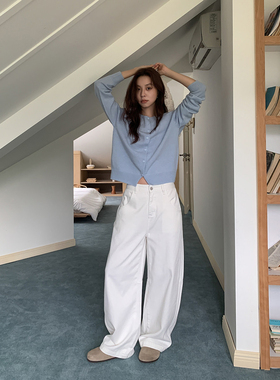 LIL CHER 出境裤王 白色立体裁弯刀牛仔裤女宽松休闲香蕉裤长裤子