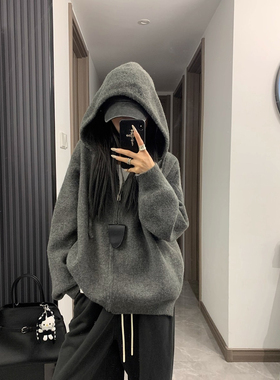 LIL CHER【自留实穿派】韩系慵懒宽松显瘦连帽拉链毛衣外套女秋冬