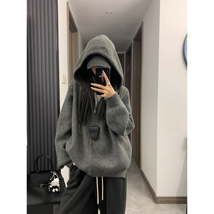 LIL CHER【自留实穿派】韩系慵懒宽松显瘦连帽拉链毛衣外套女秋冬