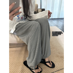 CHER 女春夏季 立体分割解构&条纹运动裤 休闲裤 脚抽绳显瘦长裤 LIL