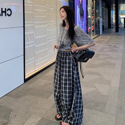 格子休闲裤女春秋垂感拖地裤子女