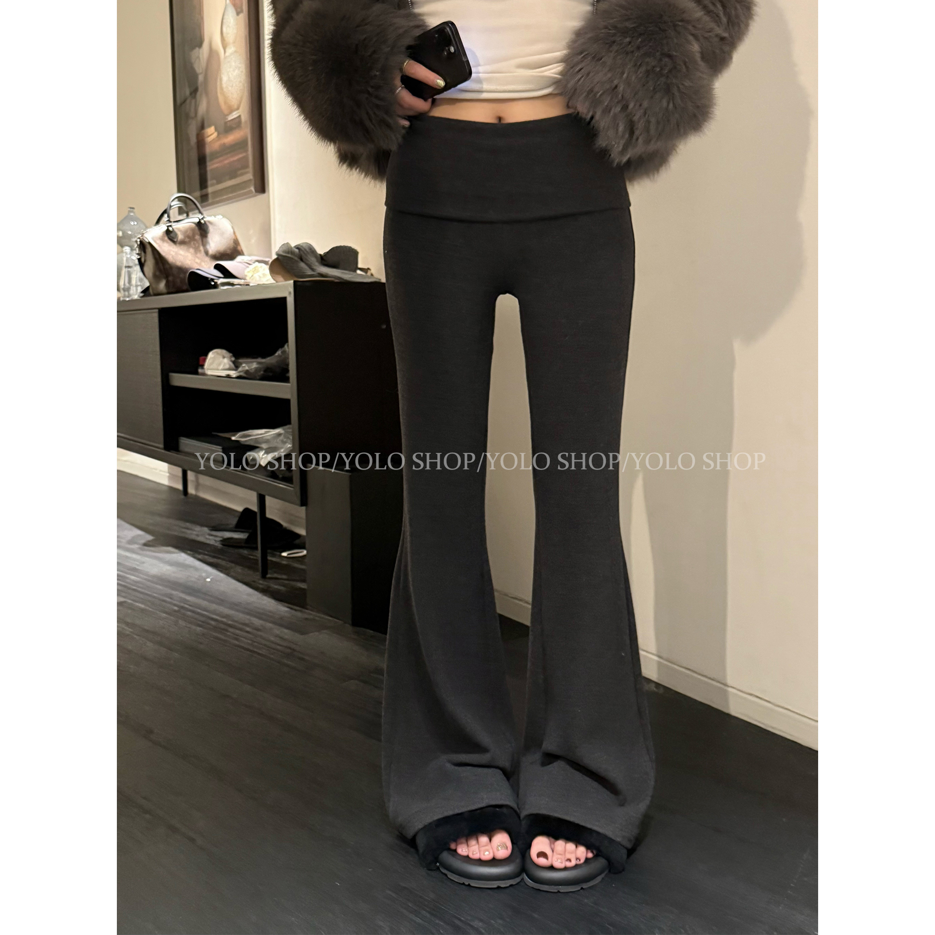 修身薄绒休闲长裤百搭气质微喇裤