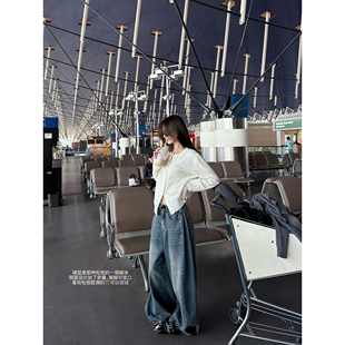 脚可收蓝色牛仔裤 裤 重工做旧酵洗工艺松弛阔版 阔腿长裤 海盐椰椰