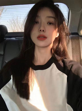LIL CHER黑白色拼接插肩袖长袖T恤女春季新款宽松内搭打底衫上衣