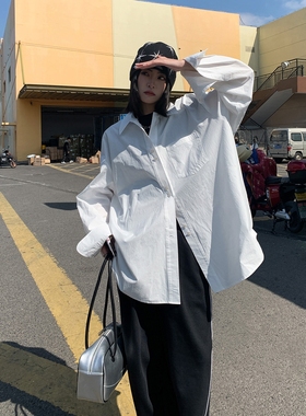 LIL CHER春秋季 白色大版长袖衬衫女韩版宽松慵懒风防晒外套衬衣