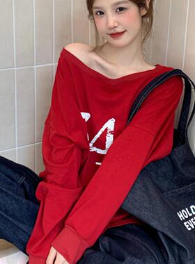 清仓 高品质复古红色字母印花斜肩长袖T恤女春秋宽松百搭上衣
