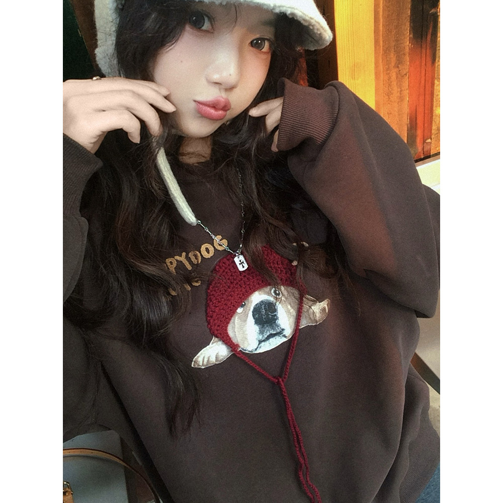 LIL CHER 手作Puppy 新疆棉一体绒小狗印花钩针刺绣卫衣加绒上衣