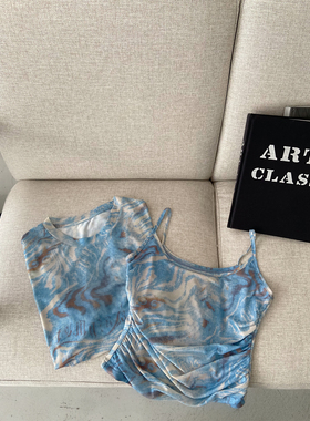 LIL CHER蓝色扎染薄款长袖T恤女夏新款韩系修身防晒圆领罩衫上衣