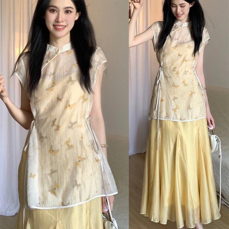 大码新中式c碎花盘扣改良旗袍连衣裙女夏季中国风裙子长裙两件套