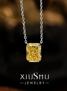 3克拉方糖黄钻锁骨项链925银极简吊坠镶嵌高碳钻雷迪恩切小众设计