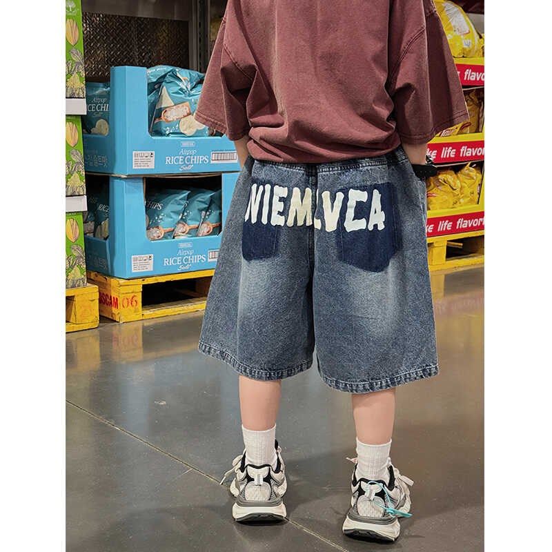 X24390男童美l式印花字母牛仔短裤夏季薄款五分裤儿童百搭中裤子