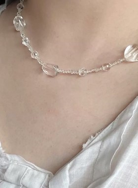 透明纯天然白水晶项炼女锁骨炼高级轻奢小众设计新款刻面切面颈炼