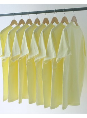 2021夏季220克低饱和r浅黄色淡黄色圆领纯棉短袖T恤男女bf风宽松