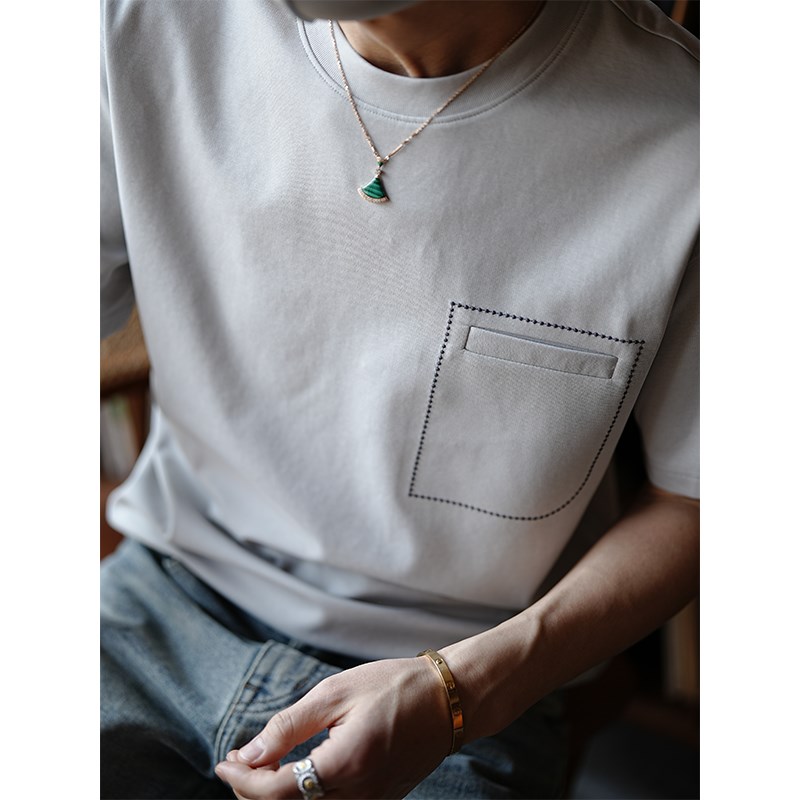 港风休闲辑明线口袋设计短袖T恤男夏季潮M流新款简约百搭圆领上衣