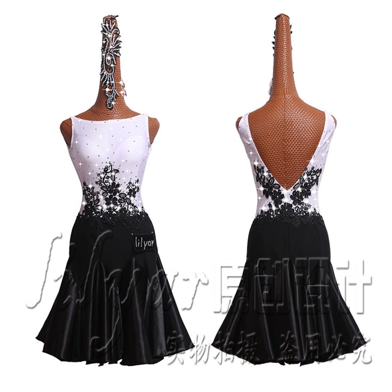 佳汇欣拉丁舞比赛服演q出服表演服拉丁舞裙女白黑平领绣花裹臀裙