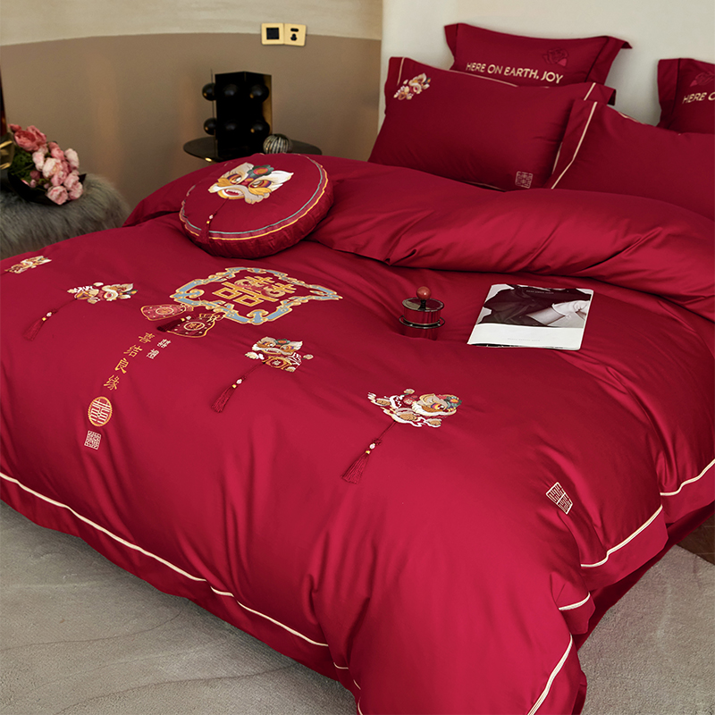 新中式流苏大喜字刺绣全棉四件套C结婚出嫁长绒棉被套纯棉床单床