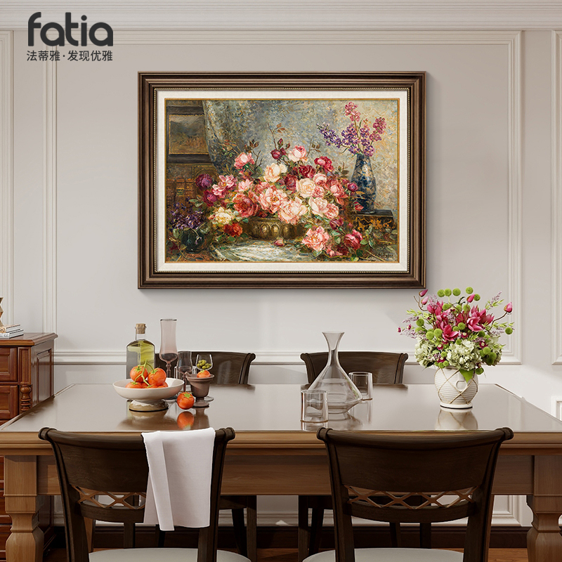 纯手绘油画美式餐厅装饰画u花卉饭厅背景墙挂画高级感玄关客厅壁图片