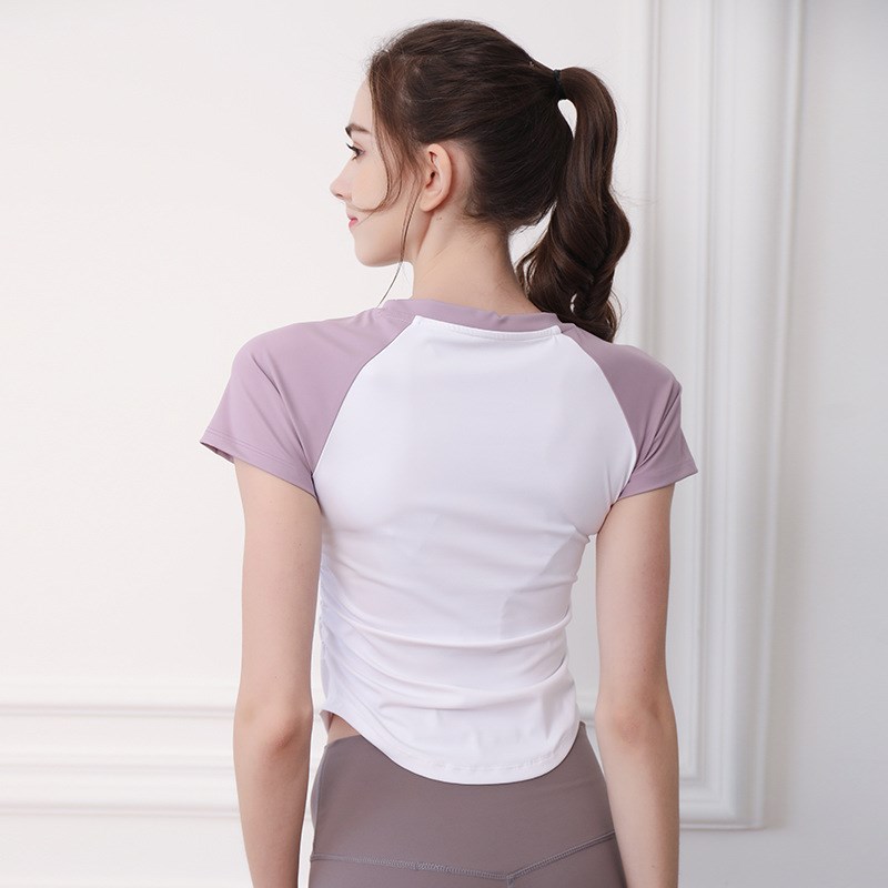 2024健身服新款上衣女紧身褶皱显瘦收腰运动瑜伽服Y圆领撞色短袖
