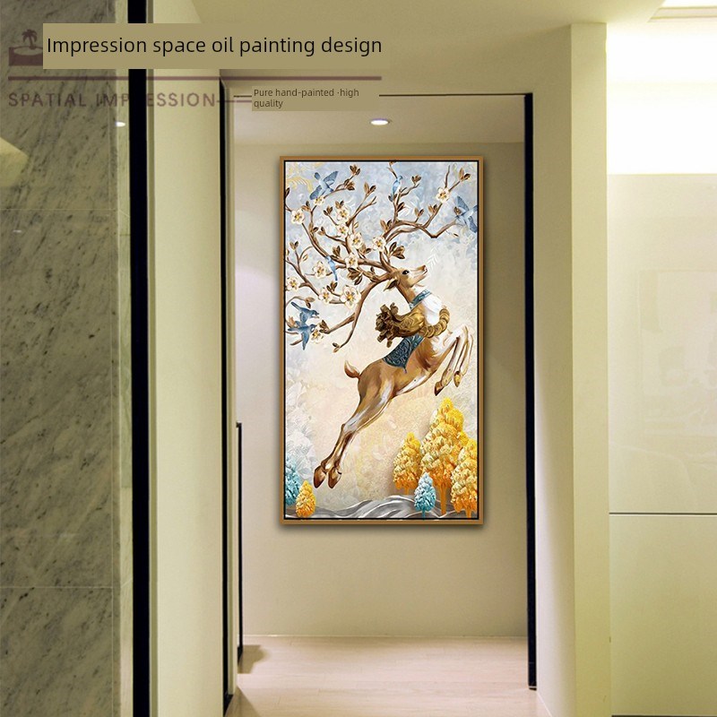 纯手绘入口e油画垂直版现代欧式福鹿过道挂画美式装饰画动物福鹿图片