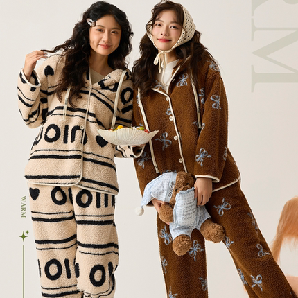 MOTIE末帖秋冬季大码保暖家居服热炉套装冬季连帽睡衣女加绒加厚