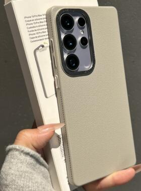 高级感钛灰色荔枝纹针织孔散热适用三星S25ultra手机壳新款S24ultra全包防摔S24plus轻奢+金属镜框磨砂超薄硬