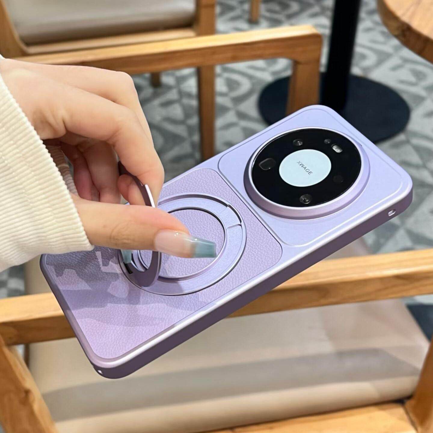 【360度旋转支架】高颜值紫色荔枝纹适用华为mate80promax手机壳mate70磁吸60pro+电镀70Air素皮拼接全包防摔