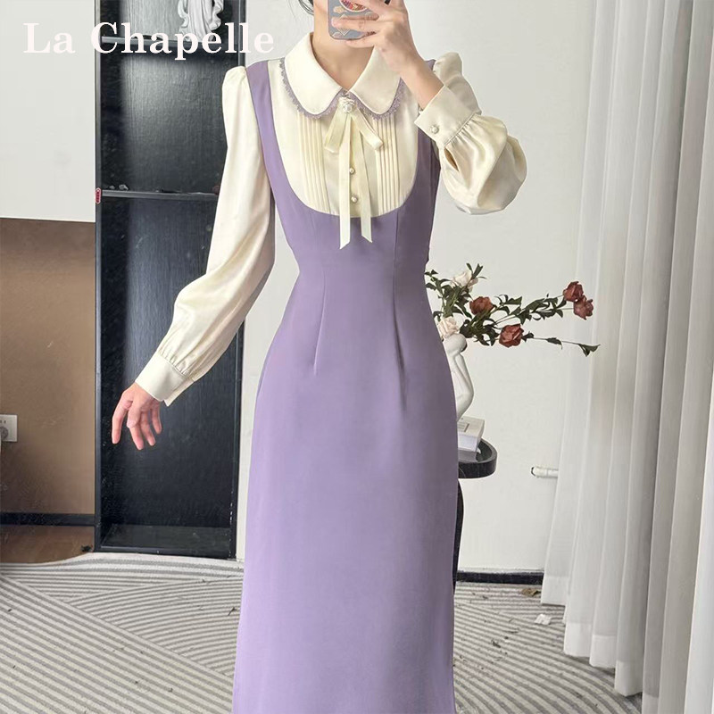 LaChapelle拉夏贝尔秋季新款赫本风轻奢收腰显瘦百搭连衣裙10655