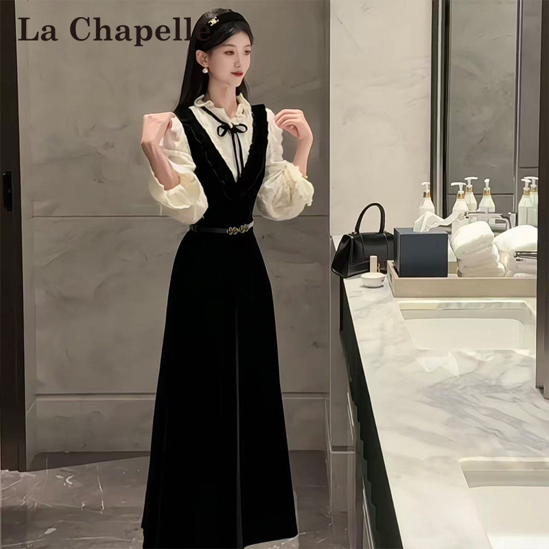 LaChapelle/拉夏贝尔2025年秋季新款气质名媛针织蕾丝连衣裙10679