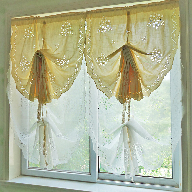 新款新款飘窗卷帘成品窗帘免打孔遮光美式田园魔术贴罗马帘扇形提