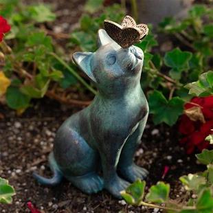 Cat Play Butterfly Statues Figurines Garden Resin
