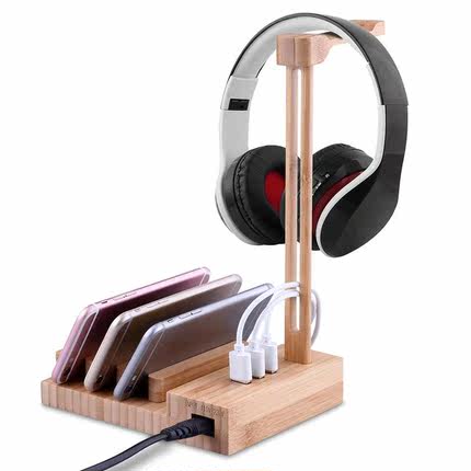 Wooden Desktop 3 Ports Headset Hanger Storage Rack USB