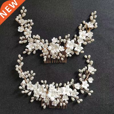 SLBRIDAL Handmade Crystal Rhinestone Pearls Ceramic Flower B