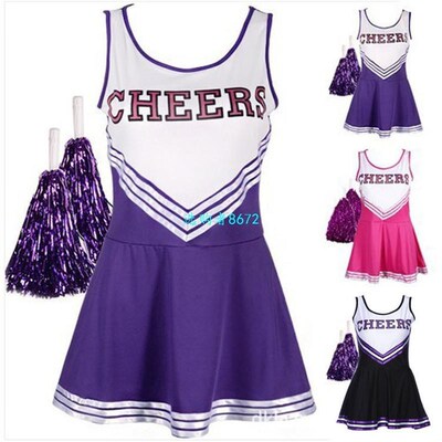 Women's Cheerleader Dress With Pom Poms School Girls Mus