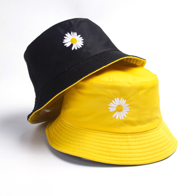 Women Bucket Fishing Hats Embroidery Daisies Cap Double-side