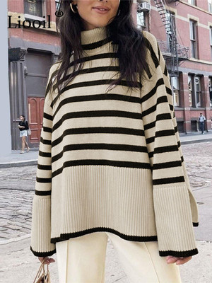 Black And White Stripe Sweater Setwear Loose Tops Women Pull