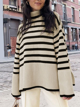 Black And White Stripe Sweater Setwear Loose Tops Women Pull