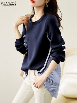 ZANZEA Fashion Striped Sweatshirt Stylish Women Casual O Nec