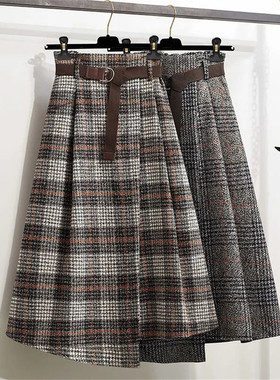 2021?Autumn?Women?Plaid?Irregular?Wool?Midi?Skirts?Pleated?S