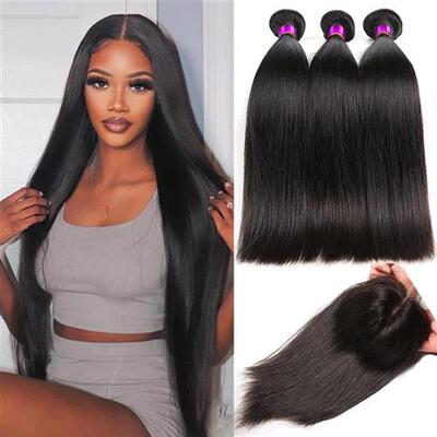 Peruvian Straight Bundles With Closure 12A Virgin Human Hair