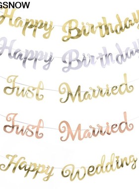 Gold Silver Happy Birthday Just Married Happy Wedding Banne