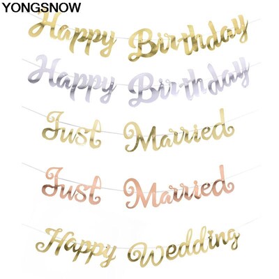 Gold Silver Happy Birthday Just Married Happy Wedding Banne