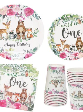 8 Guests Wild One Disposable Tableware Set Woodland Animals